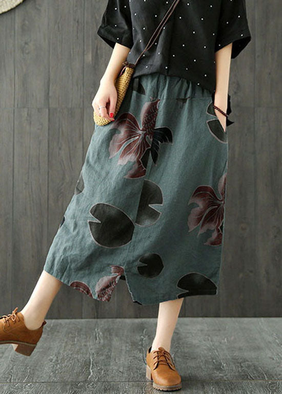 Classy Blackish Green Side Open Pockets Print Skirts Spring