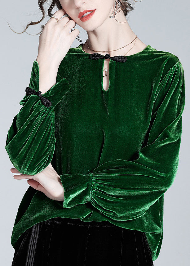 Loose Green Button Silk Velour Top Winter