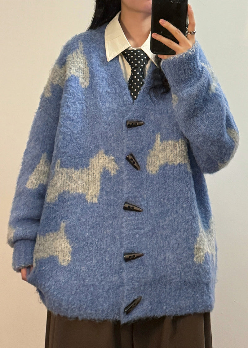 Blue V Neck Button Little Horse Knit Coats Spring