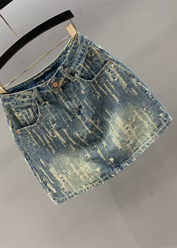 Denim Blue Pockets Patchwork High Waist Cotton a Line Skirt