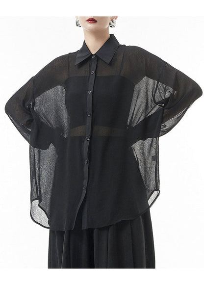 Black Button Peter Pan Collar Patchwork Tulle Shirts Spring
