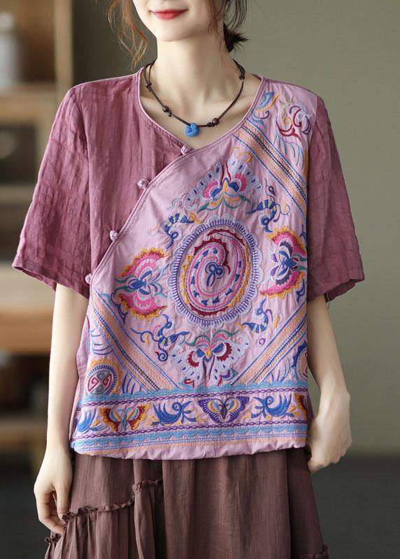 Style Pink Print Side Open Tie Summer Linen Blouses Half Sleeve