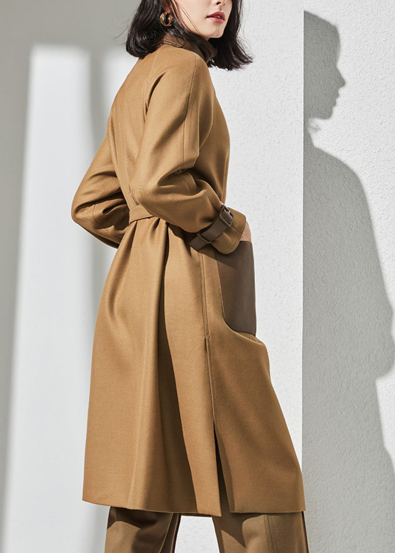 Khaki Peter Pan Collar Pockets Patchwork Button Wool Trench Coat Spring