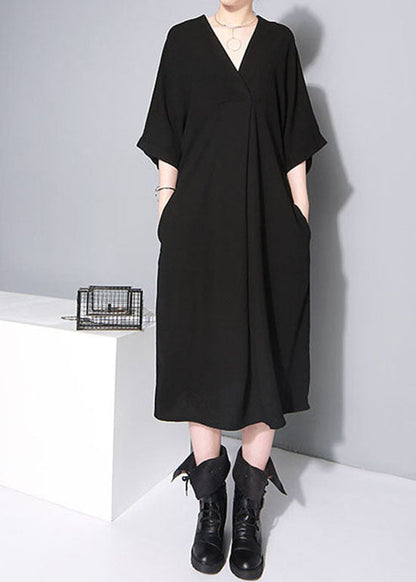 Black Tie Waist V Neck Dress Half Sleeve