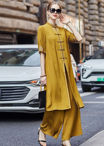 French Yellow Embroideried Chinese Button Silk Two-piece Set Fall