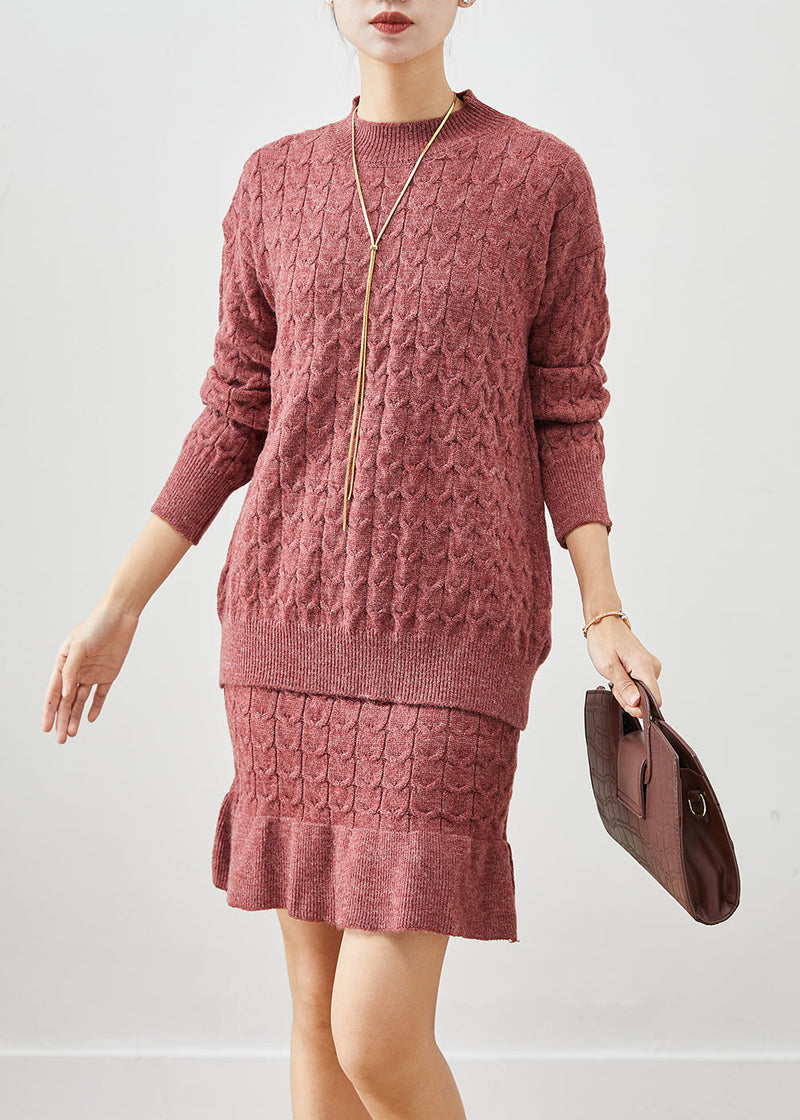 Brick Red Ruffles Knit Two Pieces Set Fall