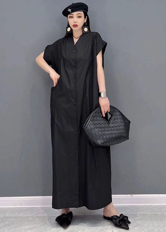 Modern Black V Neck Button Pockets Cotton Long Shirt Dresses Short Sleeve