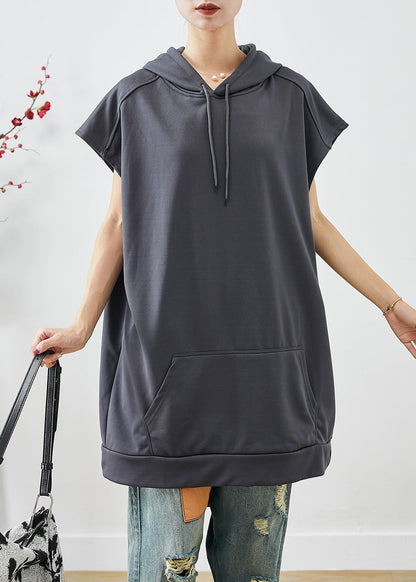 Grey Hooded Pockets Cotton Sweatshirts Tops Summer