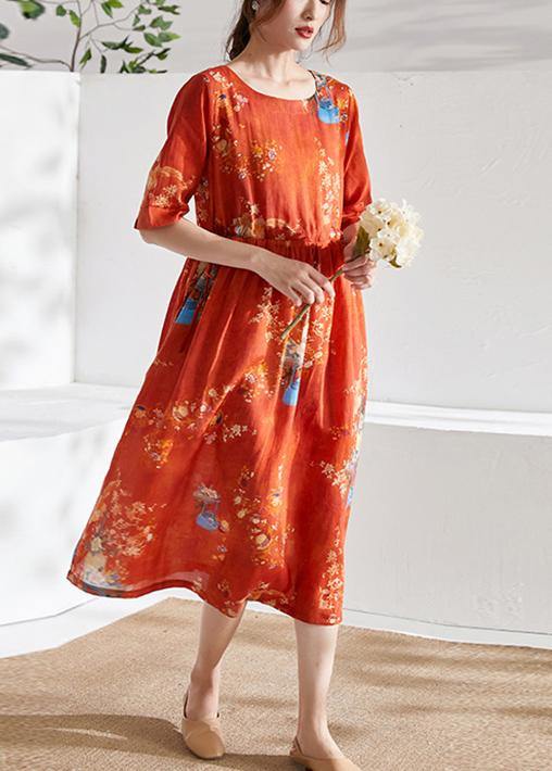 Style Orange Print O-neck Tie Waist Summer Ramie Party Dress Half Sleeve