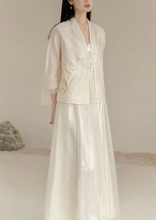 Chinese Style White V Neck Embroideried Tasseled Silk Two Piece Set Outfits Fall