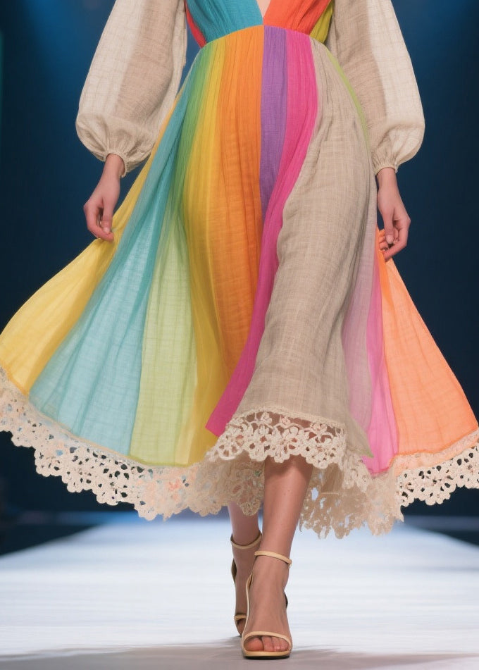 Rainbow V Neck Patchwork Linen Party Dress Lantern Sleeve