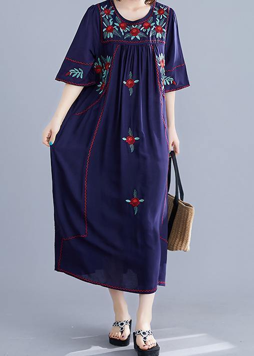 Handmade Navy Embroidery Cotton Clothes for O Neck Cinched Cotton Robes Summer Dress