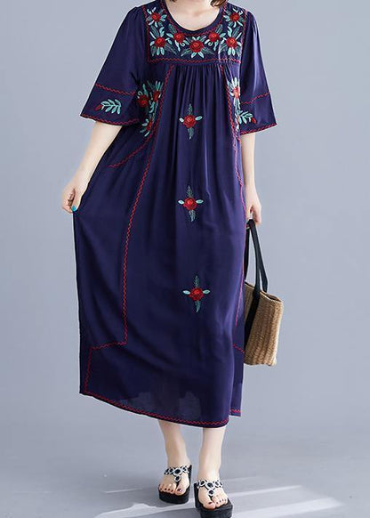 Handmade Navy Embroidery Cotton Clothes for O Neck Cinched Cotton Robes Summer Dress