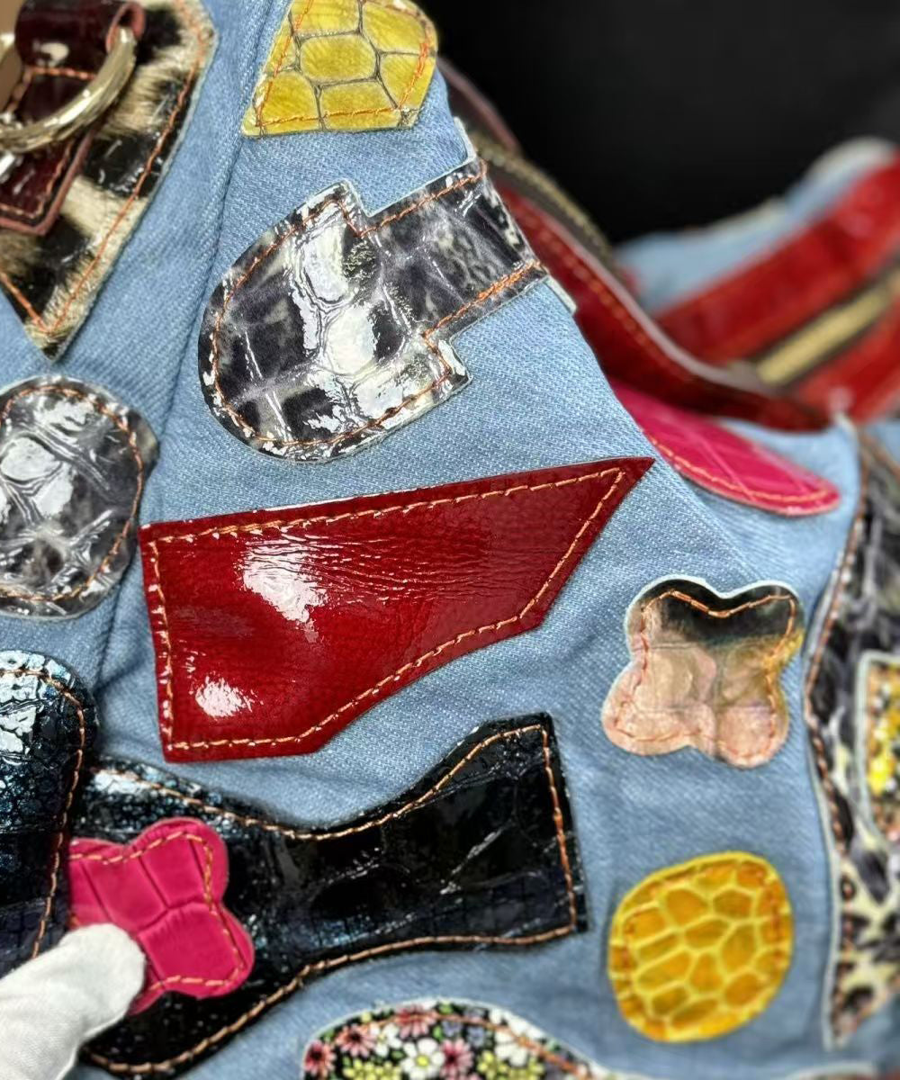 Denim Blue Asymmetrical Patchwork Sheepskin Shoulder Bags