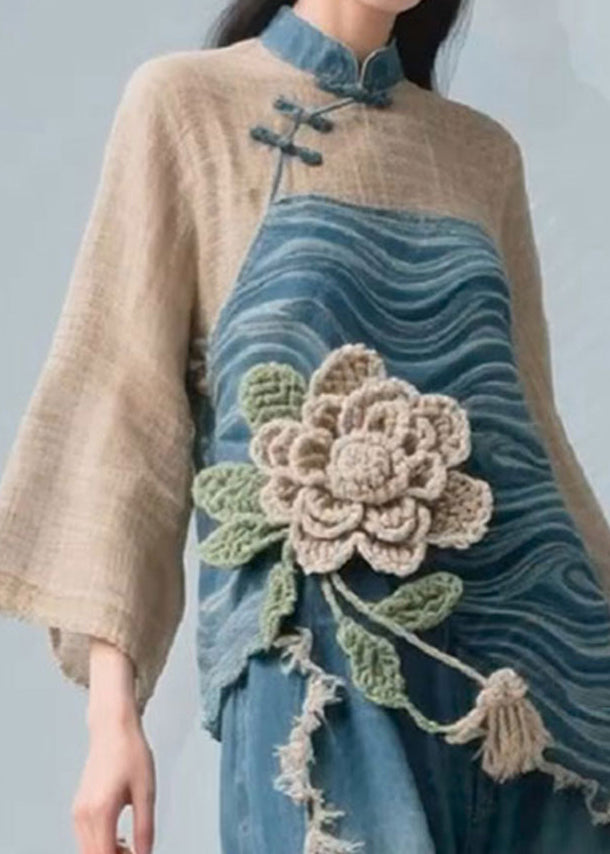 Colorblock Stand Collar Linen Patchwork Blouse Fall