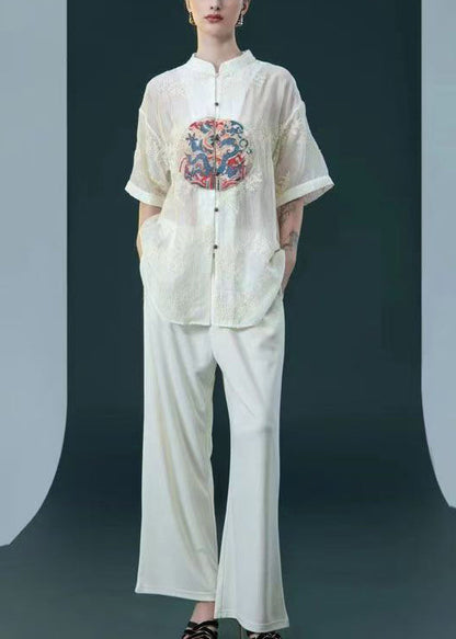 Chinese Style Beige Embroidered Button Silk Two-piece Set Summer