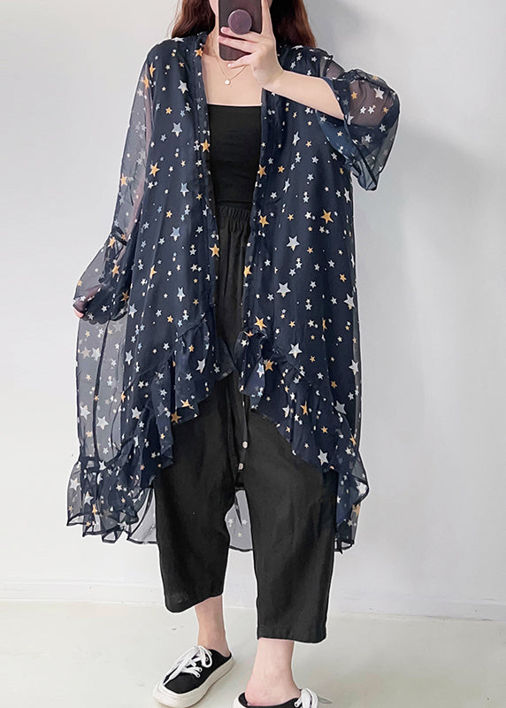 Navy Ruffled Print Chiffon Upf 50+ Cardigan Summer
