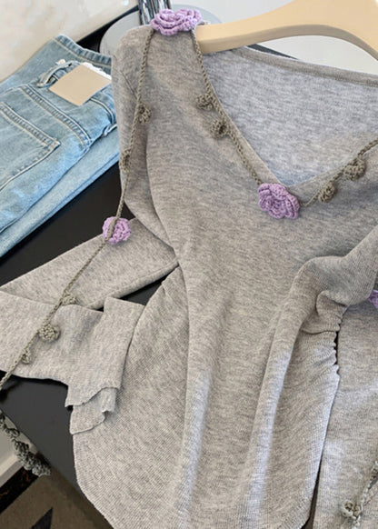Novelty Grey V Neck Tie Lace Knit Tops Fall