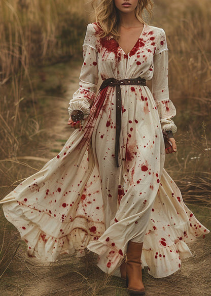 Pastoral Style V Neck Ruffled Patchwork Cotton Long Dress Spring