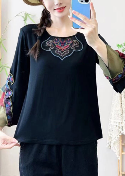 Retro Black Embroidered Tulle Patchwork Shirt Bracelet Sleeve