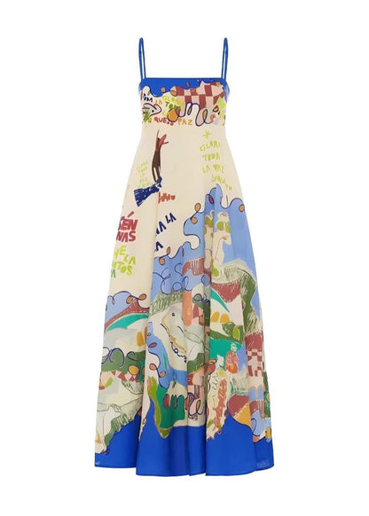 Blue Patchwork Maxi Spaghetti Strap Dresses Sleeveless