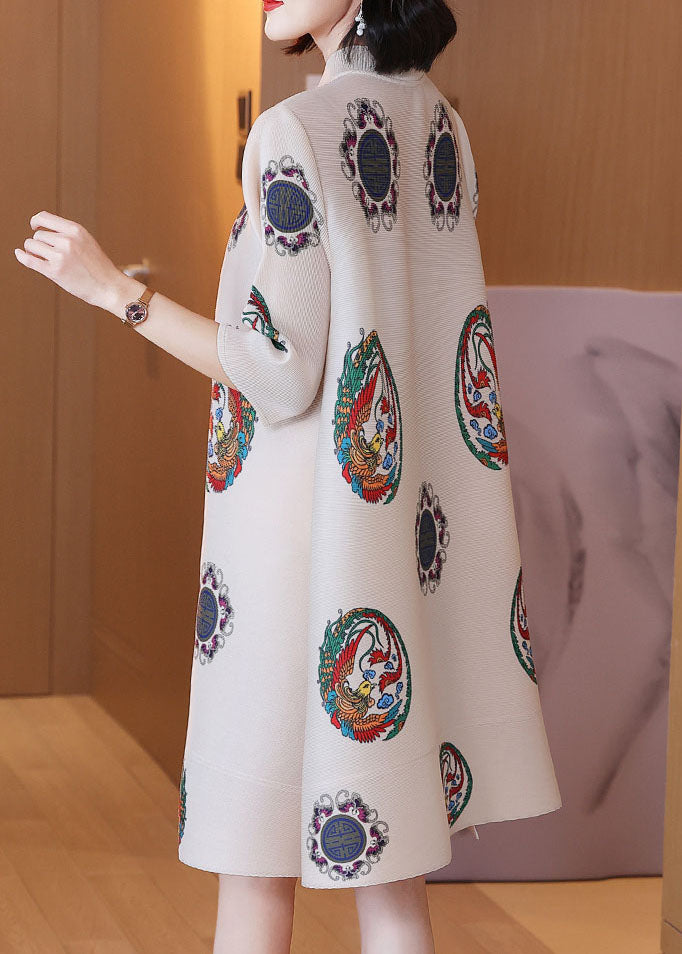 Apricot Print Chiffon a Line Dresses Oriental Button Half Sleeve
