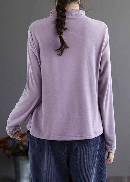 Modern Purple Embroideried Button Fall Cotton Top