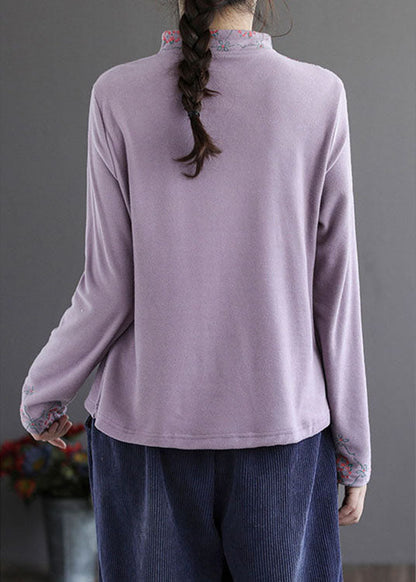 Modern Purple Embroideried Button Fall Cotton Top