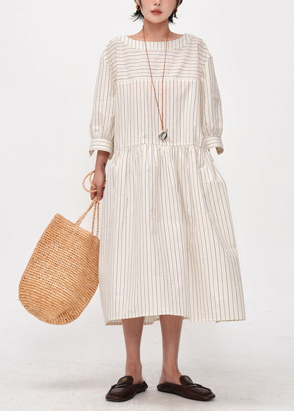 Beige Oversized Striped Cotton Maxi Dresses Bracelet Sleeve