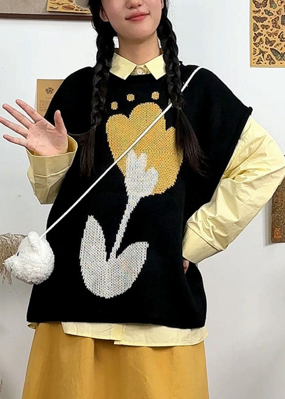 Diy Black O-neck Knit Waistcoat Fall