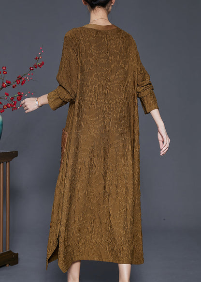 Fine Yellow Embroideried Wrinkled Silk Long Dress Fall