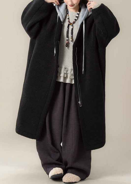 Black Hooded Zippered Patchwork Teddy Faux Fur Coat Winter