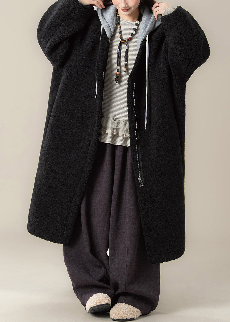 Black Hooded Zippered Patchwork Teddy Faux Fur Coat Winter
