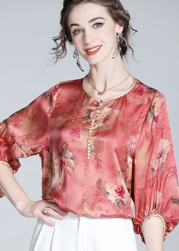 Red O Neck Print Silk Blouse Top Bracelet Sleeve