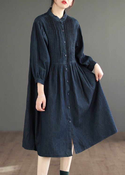 Navy Button Denim Blouses Dresses O Neck Long Sleeve