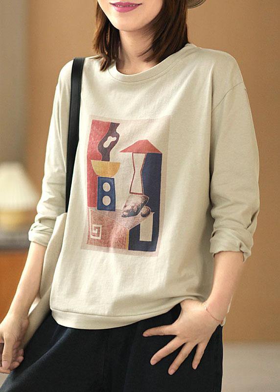 Light Grey O-neck Print Fall Tops Long Sleeve