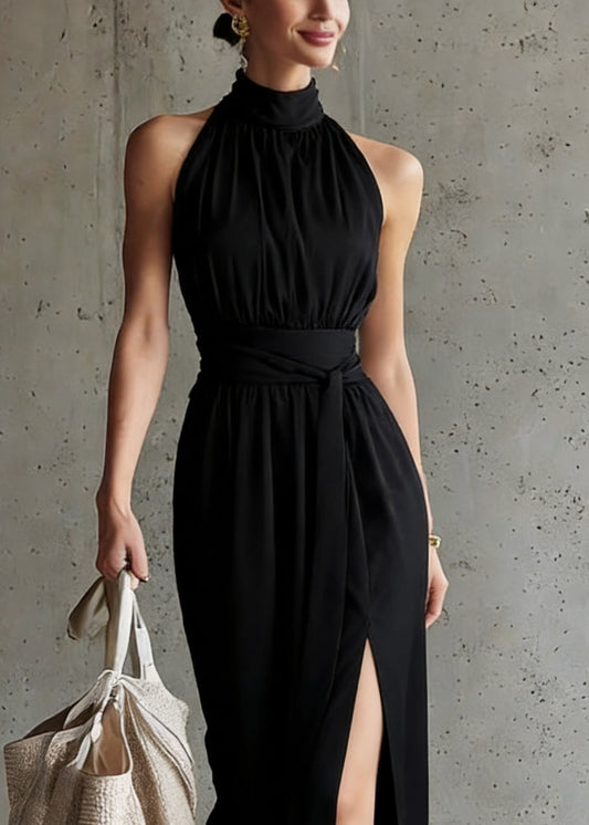 French Black Stand Collar Tunic Maxi Dress Summer