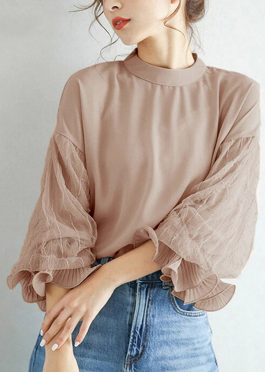 Diy Pink O-neck Tulle Patchwork Chiffon Shirt Lantern Sleeve