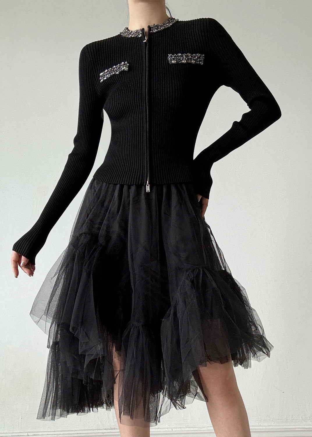 Stylish Black O-neck Zip Up Zircon Wool Cardigans Spring