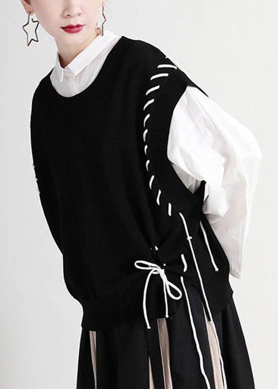 Black Knit Vest O-neck Drawstring Asymmetrical Spring