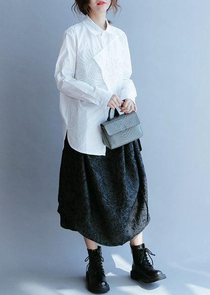 French White Asymmetrical Nail Bead Cotton Shirt Top Spring