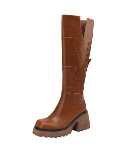 Brown Boots Chunky Cowhide Leather Splicing Zippered
