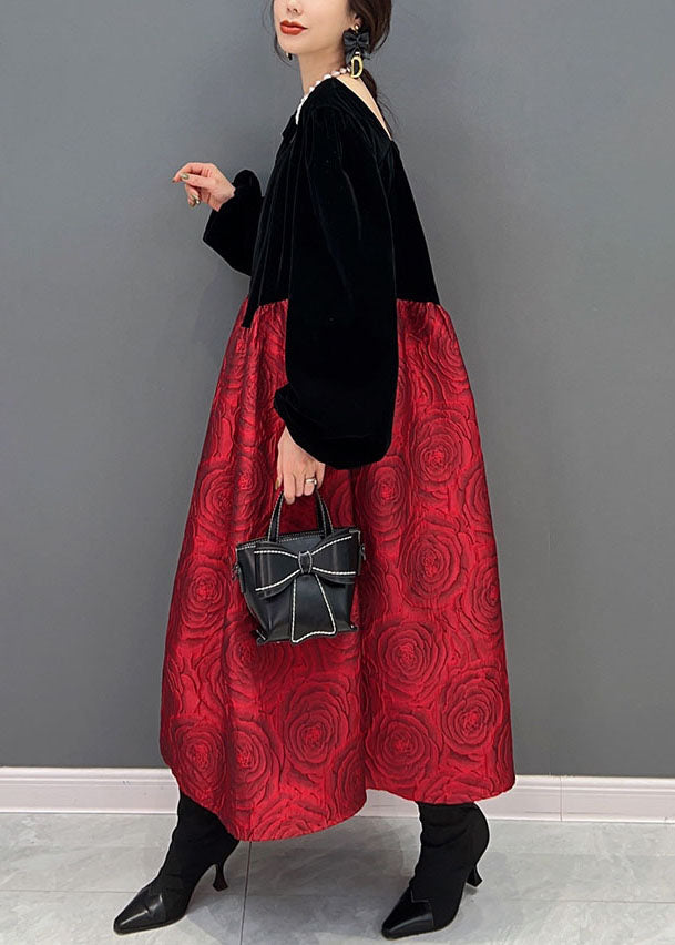 Colorblock U Neck Puff Sleeve Velour Patchwork Silk Princess Dress