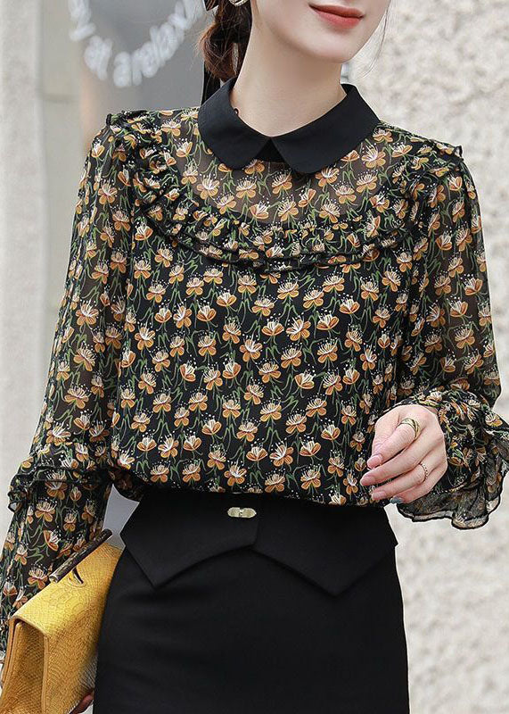 Black Peter Pan Collar Ruffles Patchwork Print Chiffon Blouses Spring