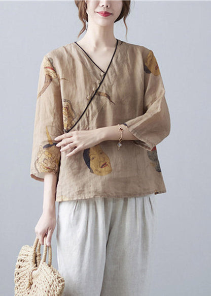Organic Brown V Neck Print Button Top Three Quarter Sleeve