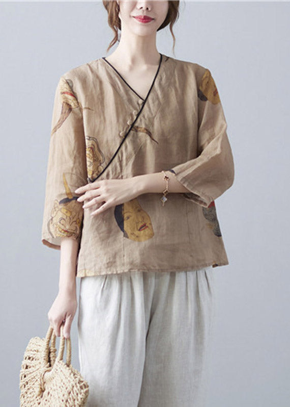 Organic Brown V Neck Print Button Top Three Quarter Sleeve