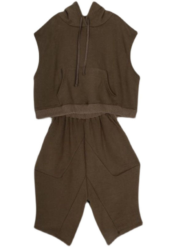 Chocolate Hooded Warm Fleece Two Pieces Set Sleeveless Waistcoat