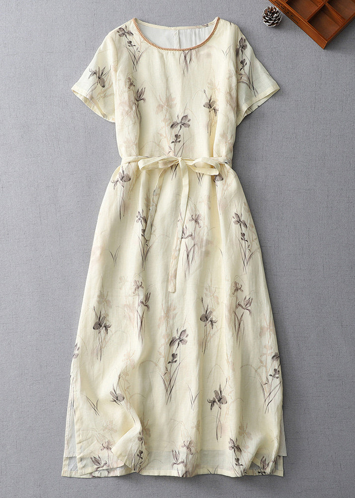 Boutique Apricot O-neck Print Tie Waist Cotton Dress Summer