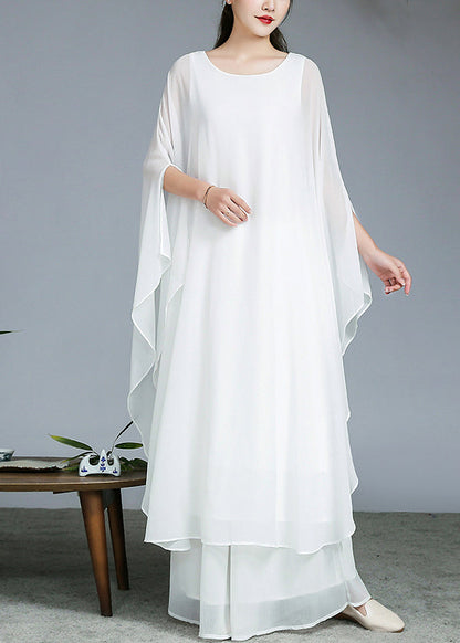Boutique White O-neck Chiffon Long Dress and Wide Leg Pants Two Pieces Set Fall