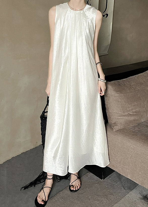 French Apricot O-neck Silk Long Dress Sleeveless